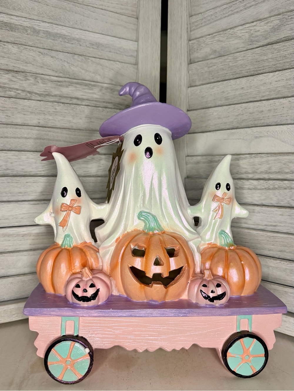 Ghost Pumpkin Cart LED Figurine Pastels Halloween Light Up Resin Decor NEW 11x13